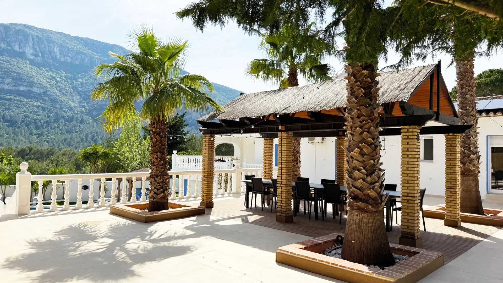 Terrasse mit Pergola und Palmen